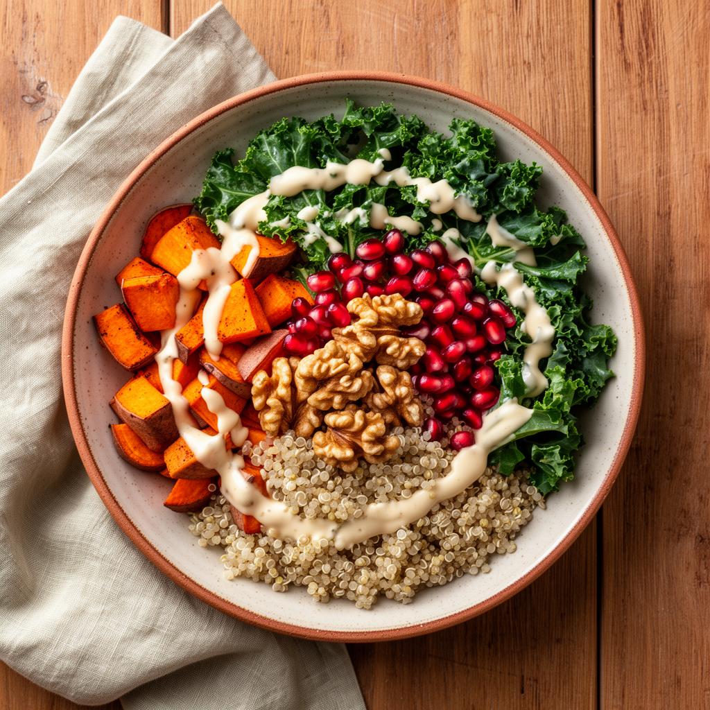 A nourishing bowl of sweet potato, kale, quinoa, pomegranate and walnuts